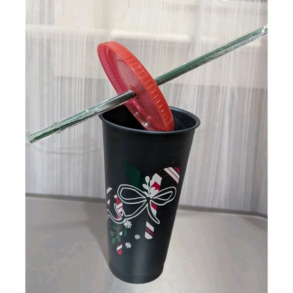 Starbucks‎ Reusable 2020 Holiday/Christmas Cold Cup Lid & Straw Candy Canes/Bows